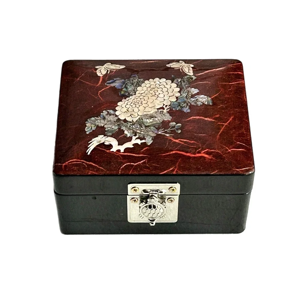 Trinket Box Lacquer Wooden Box Mother of Pearl Inlay Asian Mirror Turtle Latch - Picture 1 of 13